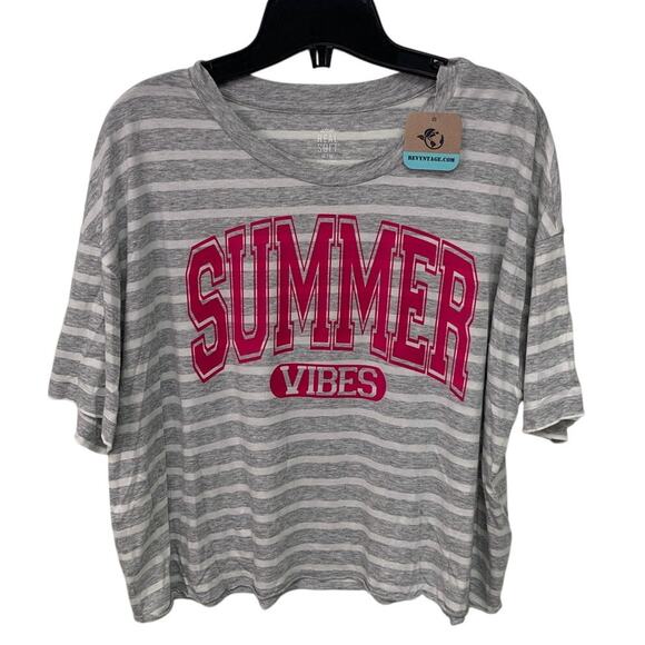 New Upcycled Hand Printed Womens Medium Striped Summer Vibes Crew Neck Tee - Picture 1 of 4